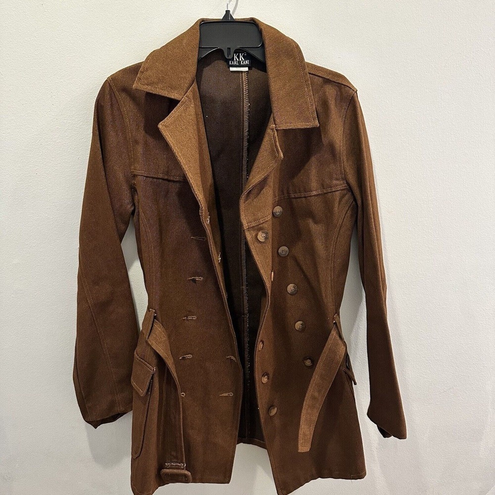 Karl Kani Vintage Brown Denim Belted Trench Coat Womens size Medium Retro EUC